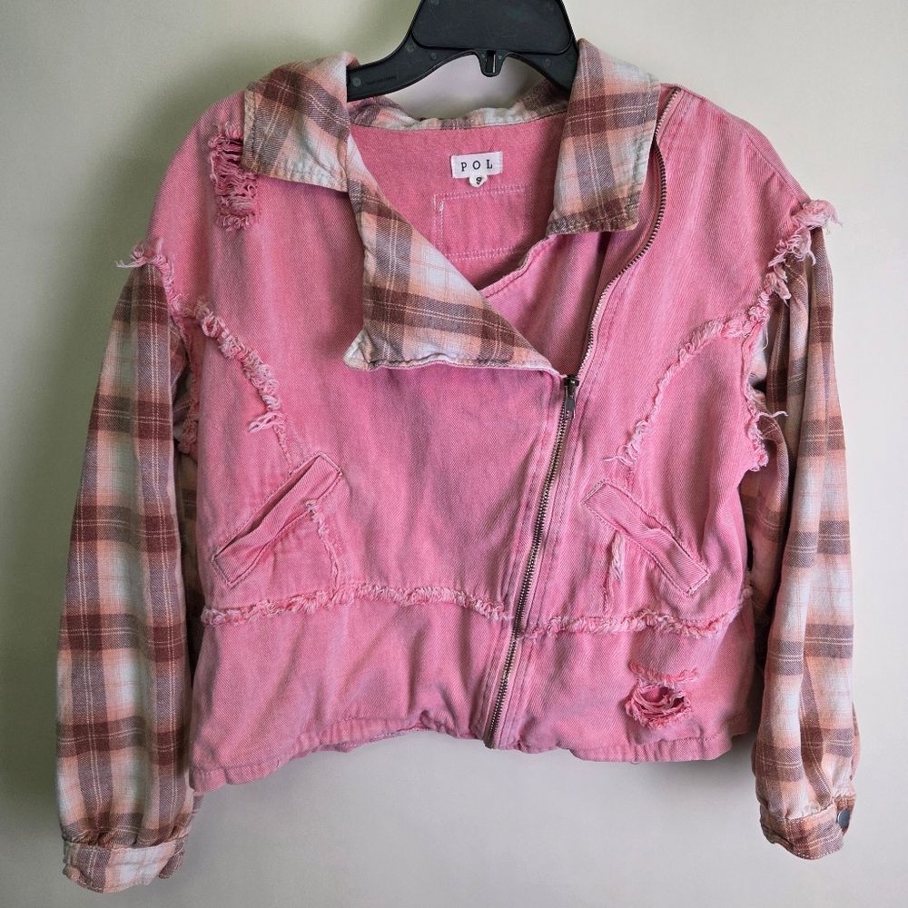 POL Cropped Zip Jacket Pink Distressed Plaid Sleeve Cotton Small
